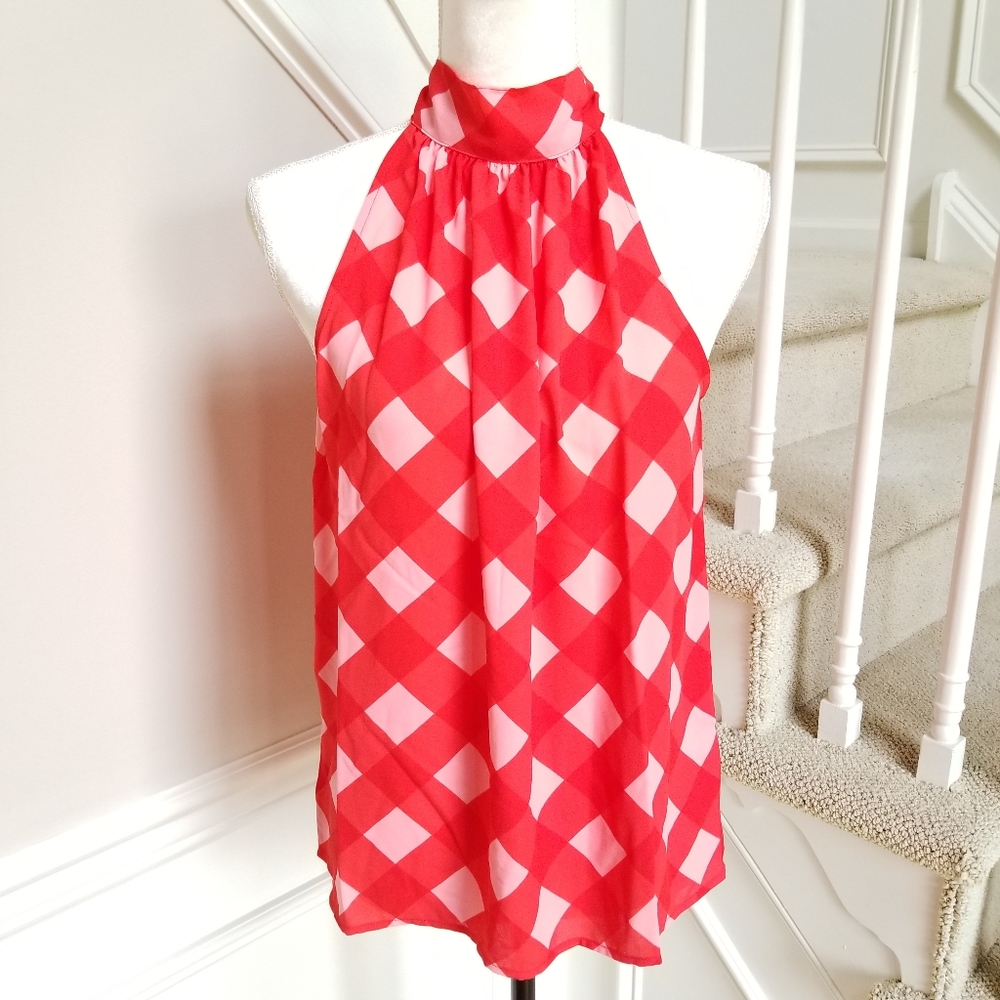 NEW! J Crew size 8 Red Gingham Tie-neck Halter Top Blouse NWT